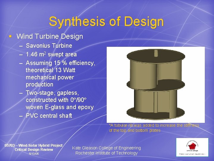 Synthesis of Design § Wind Turbine Design – Savonius Turbine – 1. 46 m