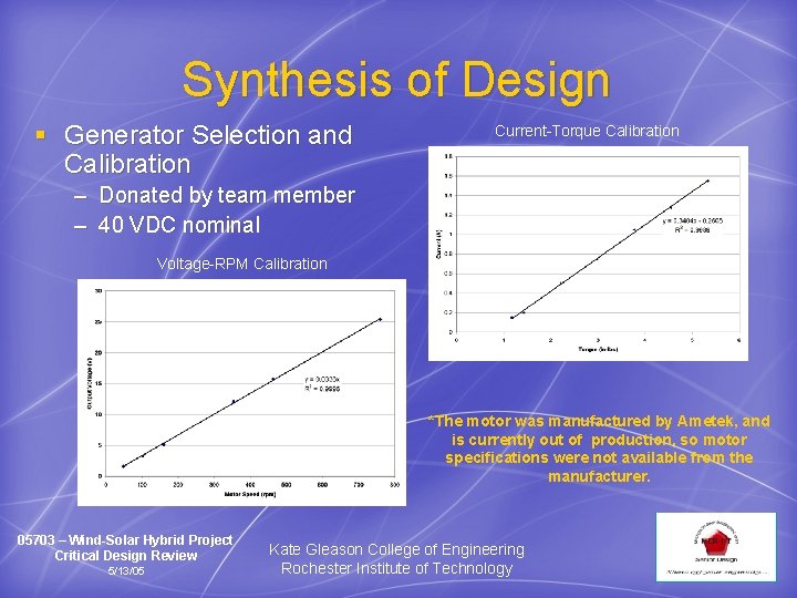 Synthesis of Design § Generator Selection and Calibration Current-Torque Calibration – Donated by team