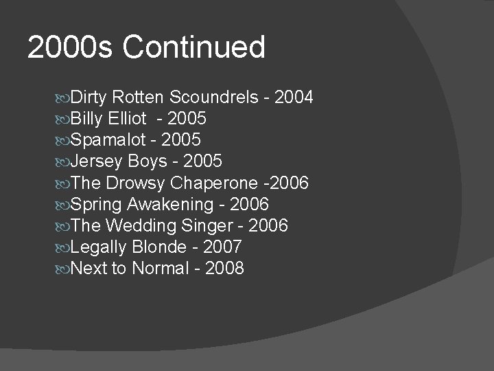 2000 s Continued Dirty Rotten Scoundrels - 2004 Billy Elliot - 2005 Spamalot -