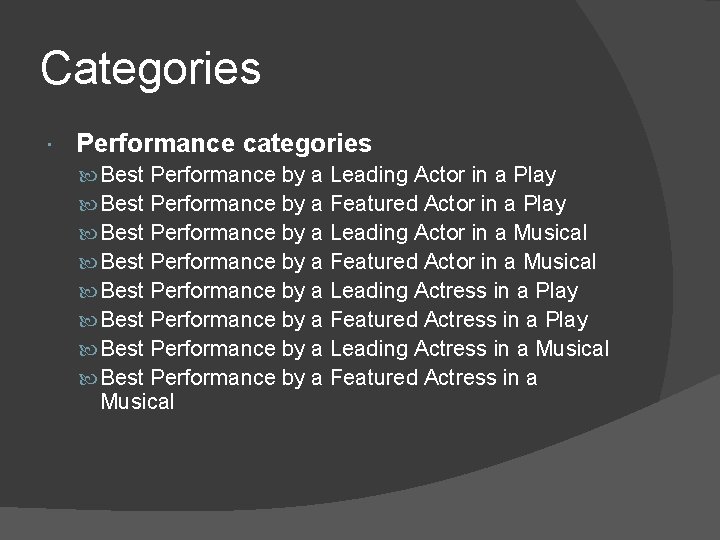 Categories Performance categories Best Best Performance by a Leading Actor in a Play Performance
