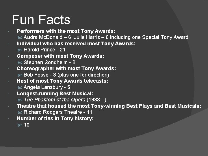 Fun Facts Performers with the most Tony Awards: Audra Mc. Donald – 6; Julie