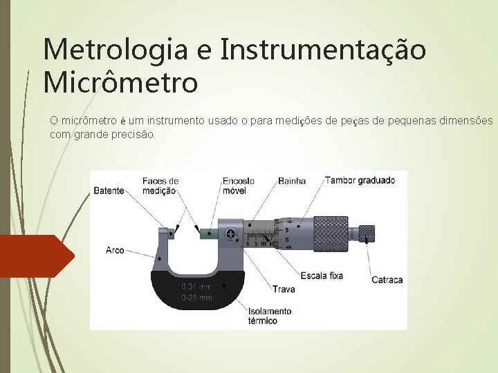 Metrologia e Instrumentação Micrômetro O micrômetro é um instrumento usado o para medições de