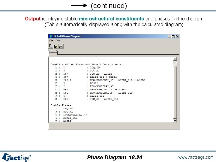 (continued) Output identifying stable microstructural constituents and phases on the diagram (Table automatically displayed