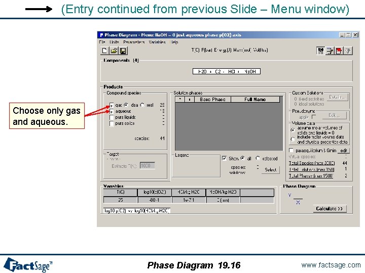 (Entry continued from previous Slide – Menu window) Choose only gas and aqueous. Phase