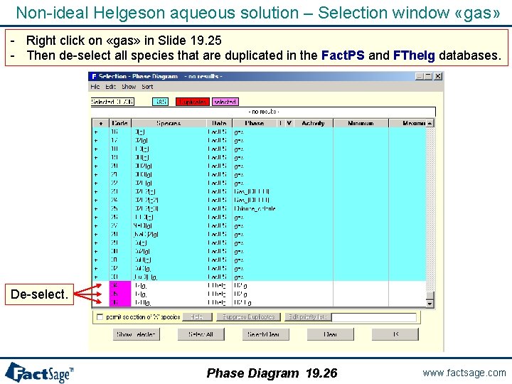 Non-ideal Helgeson aqueous solution – Selection window «gas» - Right click on «gas» in