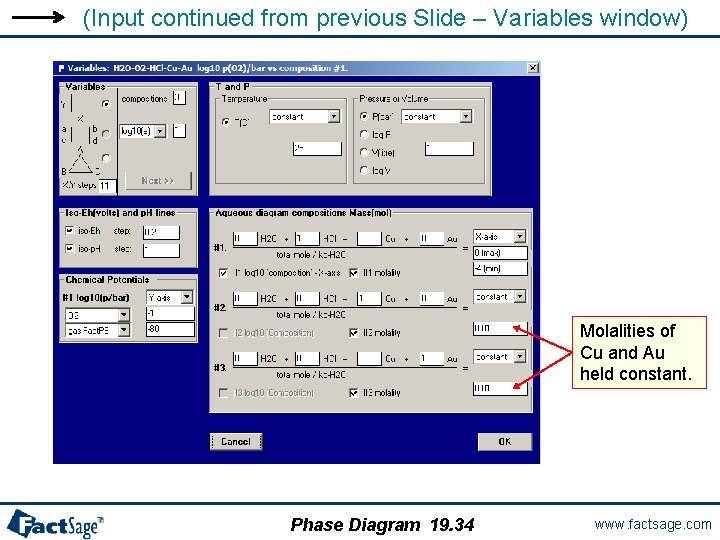 (Input continued from previous Slide – Variables window) Molalities of Cu and Au held