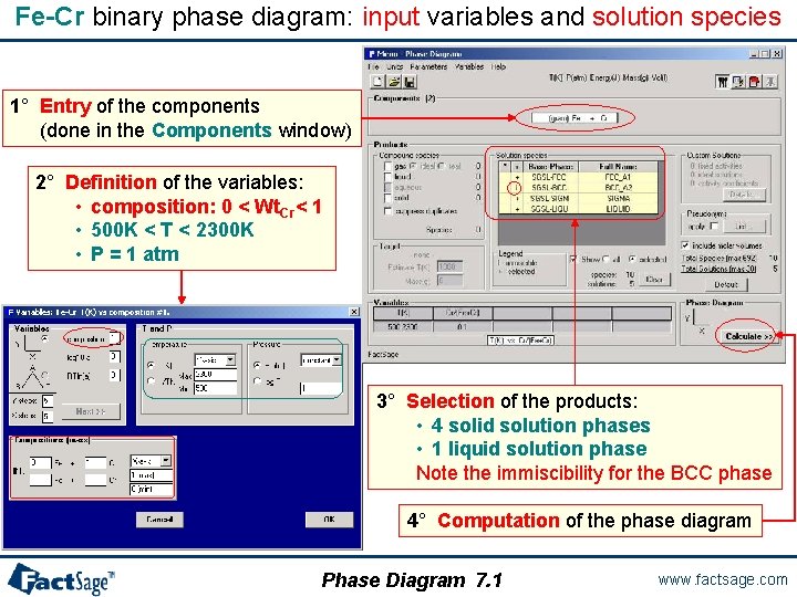 Fe-Cr binary phase diagram: input variables and solution species 1° Entry of the components