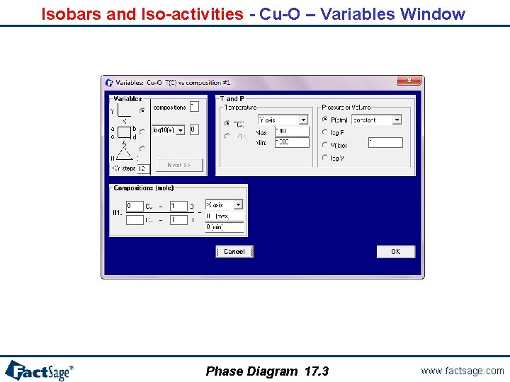 Isobars and Iso-activities - Cu-O – Variables Window Phase Diagram 17. 3 www. factsage.