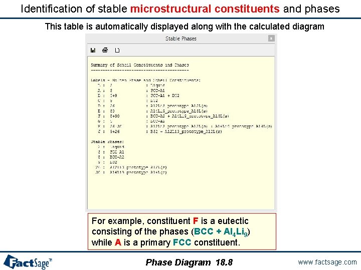 Identification of stable microstructural constituents and phases This table is automatically displayed along with