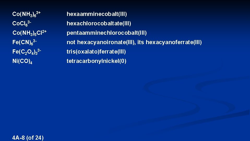 Co(NH 3)63+ hexaamminecobalt(III) Co. Cl 63 - hexachlorocobaltate(III) Co(NH 3)5 Cl 2+ pentaamminechlorocobalt(III) Fe(CN)63
