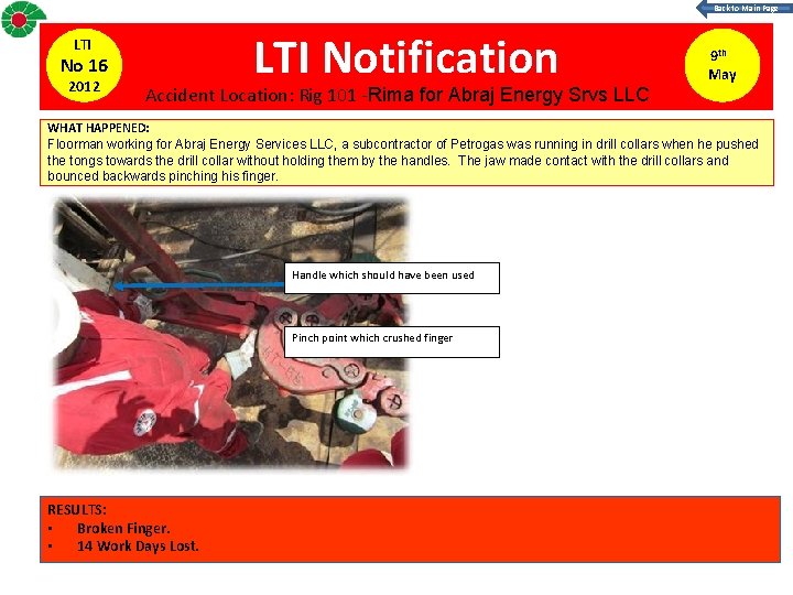 Back to Main Page LTI No 16 2012 LTI Notification Accident Location: Rig 101