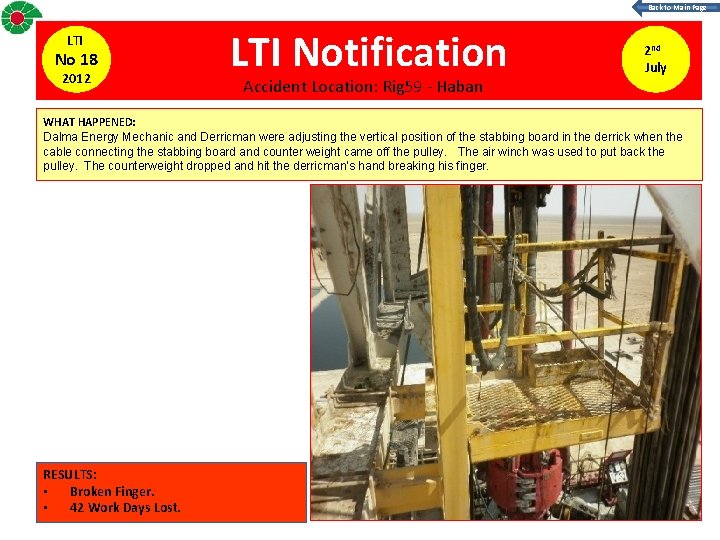 Back to Main Page LTI No 18 2012 LTI Notification Accident Location: Rig 59