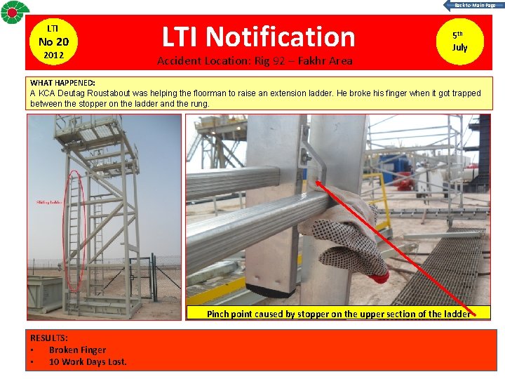 Back to Main Page LTI No 20 2012 LTI Notification Accident Location: Rig 92