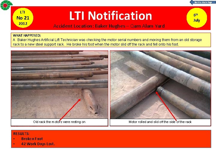 Back to Main Page LTI Notification LTI No 21 2012 Accident Location: Baker Hughes