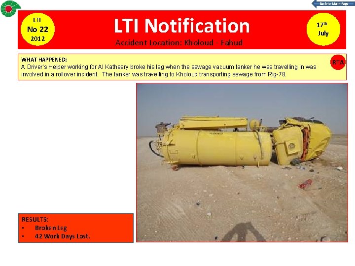 Back to Main Page LTI No 22 2012 LTI Notification Accident Location: Kholoud -