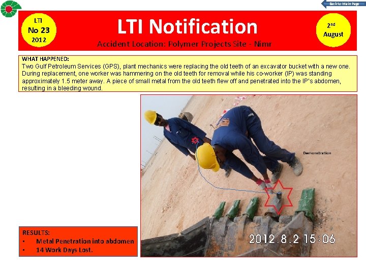 Back to Main Page LTI No 23 2012 LTI Notification Accident Location: Polymer Projects