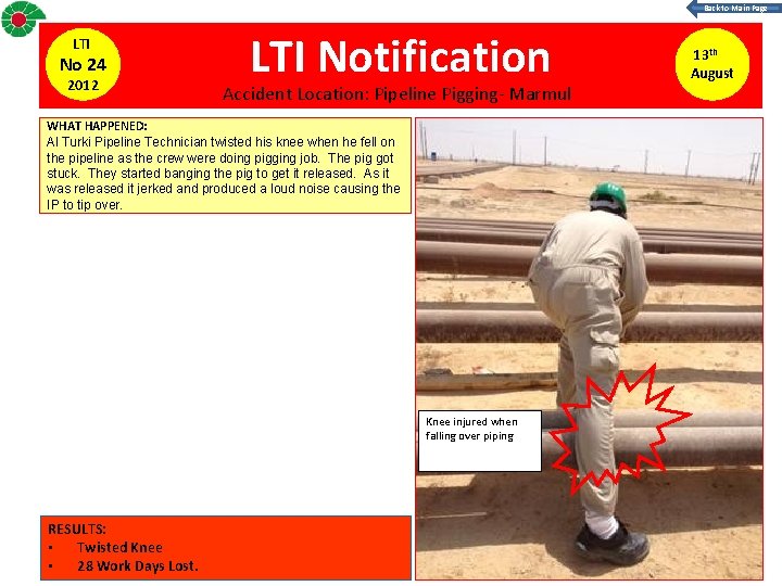 Back to Main Page LTI No 24 2012 LTI Notification Accident Location: Pipeline Pigging-