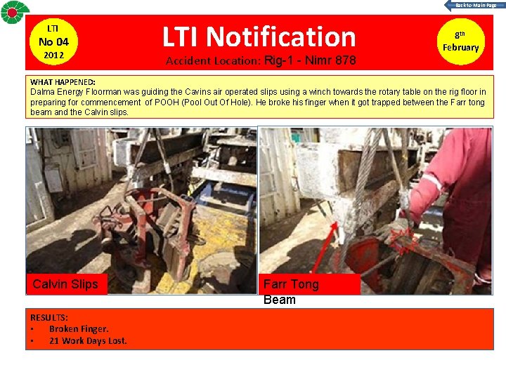 Back to Main Page LTI No 04 2012 LTI Notification Accident Location: Rig-1 -