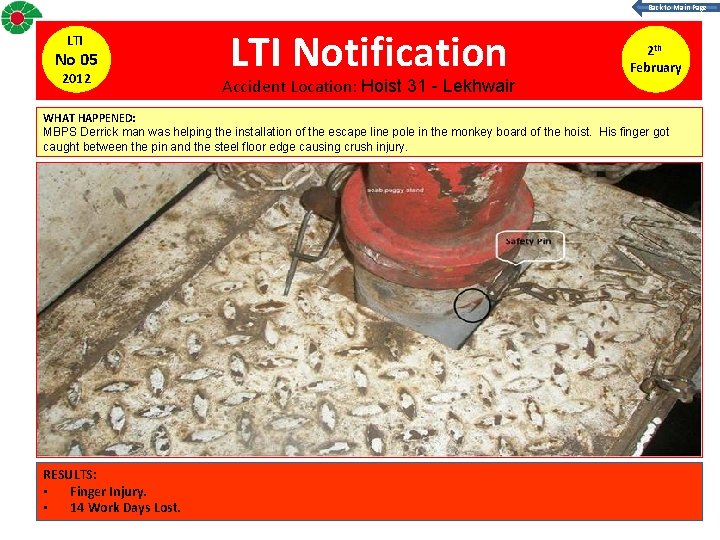 Back to Main Page LTI No 05 2012 LTI Notification Accident Location: Hoist 31