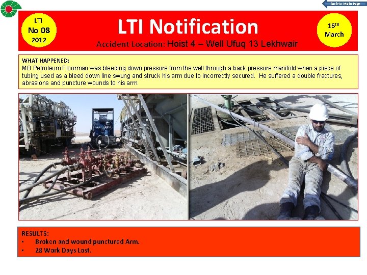 Back to Main Page LTI No 08 2012 LTI Notification Accident Location: Hoist 4