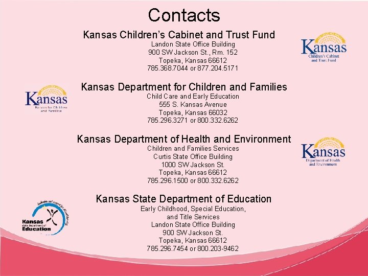 Contacts Kansas Children’s Cabinet and Trust Fund Landon State Office Building 900 SW Jackson