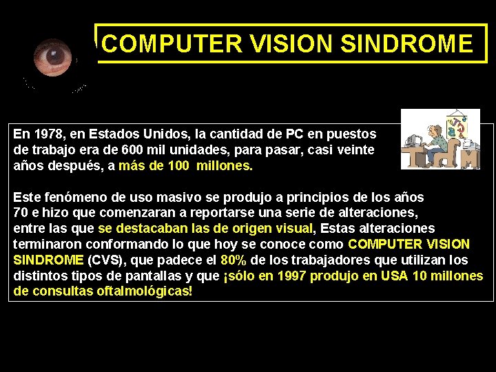 COMPUTER VISION SINDROME En 1978, en Estados Unidos, la cantidad de PC en puestos