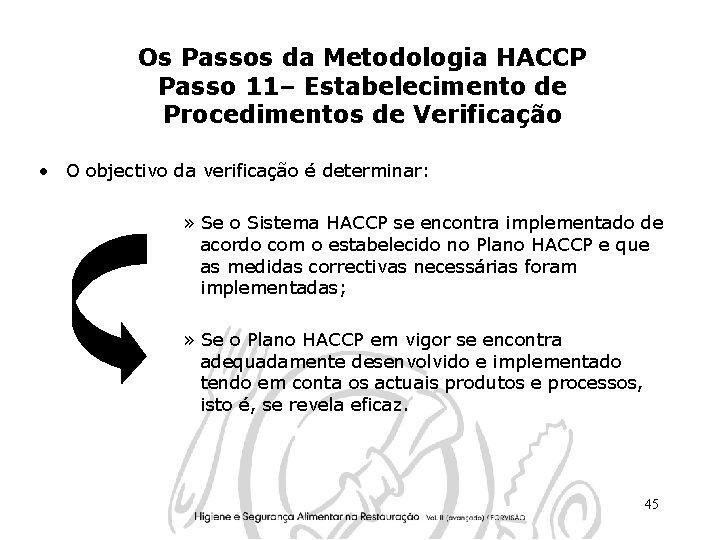 Os Passos da Metodologia HACCP Passo 11– Estabelecimento de Procedimentos de Verificação • O