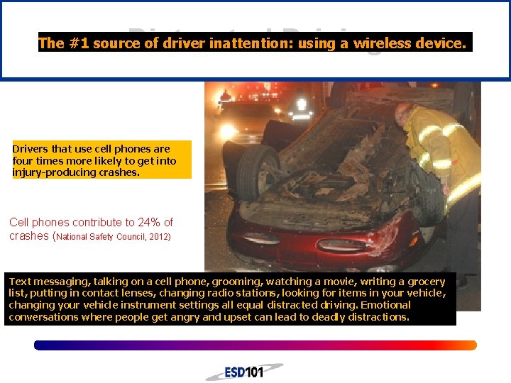 Distracted Driving The #1 source of driver inattention: using a wireless device. Drivers that