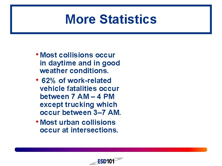 More Statistics • Most collisions occur in daytime and in good weather conditions. •