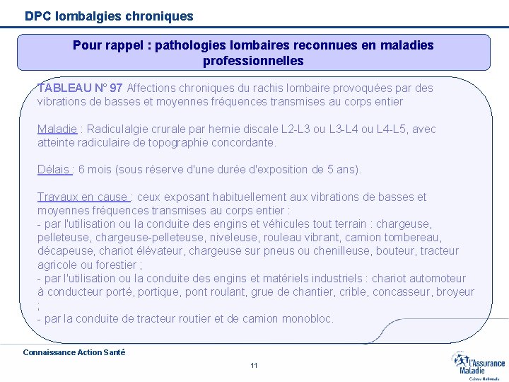 DPC lombalgies chroniques Pour rappel : pathologies lombaires reconnues en maladies professionnelles TABLEAU N°