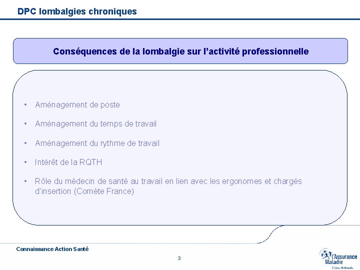 DPC lombalgies chroniques Conséquences de la lombalgie sur l’activité professionnelle • Aménagement de poste