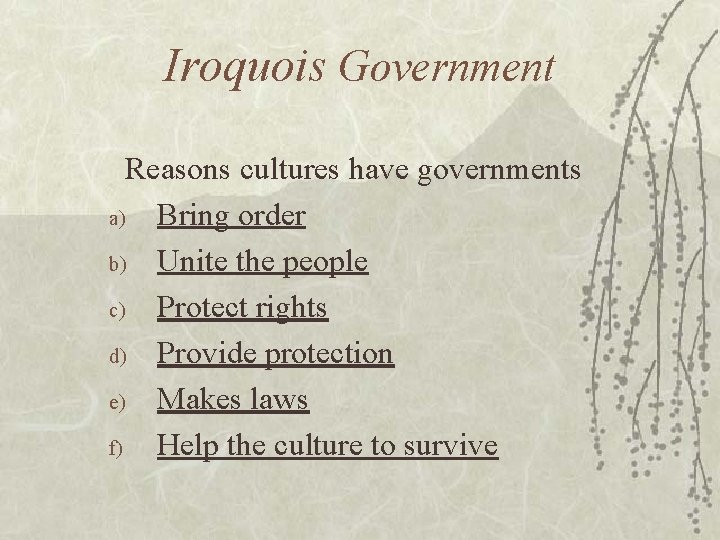 Iroquois Government Reasons cultures have governments a) Bring order b) Unite the people c)
