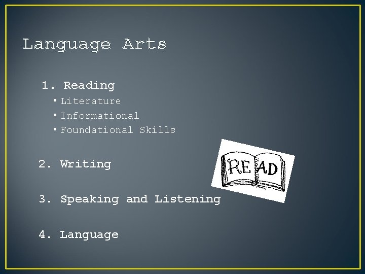 Language Arts 1. Reading • Literature • Informational • Foundational Skills 2. Writing 3.