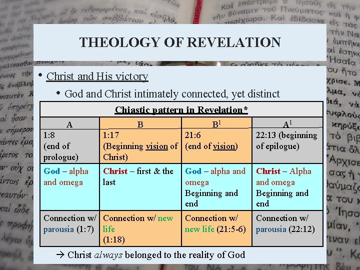 THEOLOGY OF REVELATION • Christ and His victory • God and Christ intimately connected,