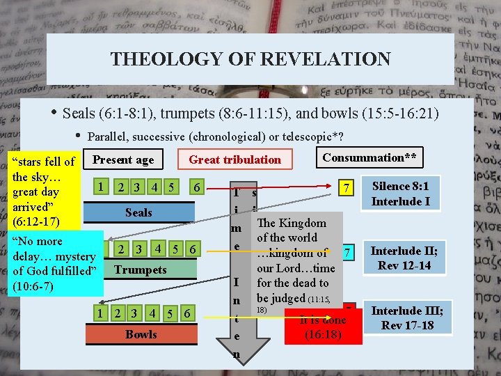 THEOLOGY OF REVELATION • Seals (6: 1 -8: 1), trumpets (8: 6 -11: 15),