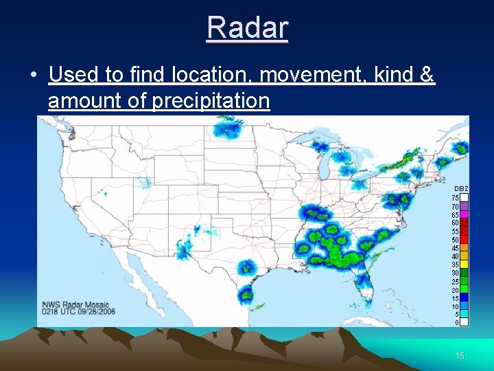 Radar • Used to find location, movement, kind & amount of precipitation 15 