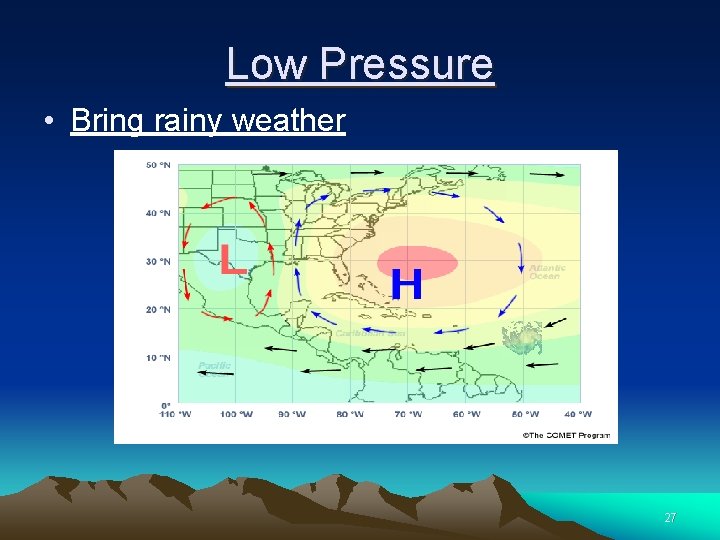 Low Pressure • Bring rainy weather 27 