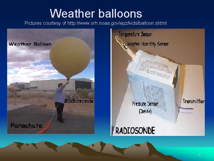 Weather balloons Pictures courtesy of http: //www. srh. noaa. gov/epz/kids/balloon. shtml: 6 