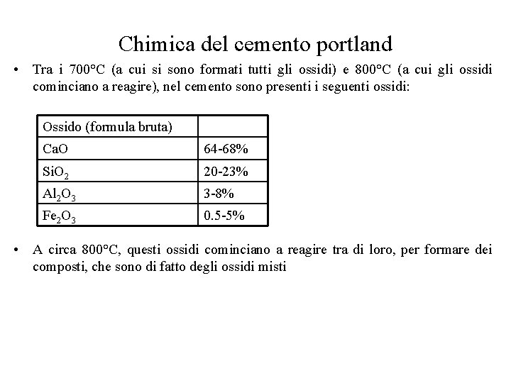 Chimica del cemento portland • Tra i 700°C (a cui si sono formati tutti