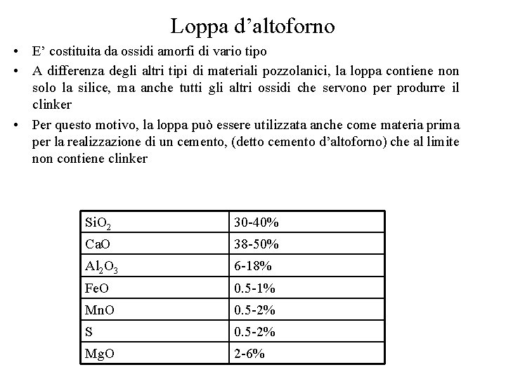 Loppa d’altoforno • E’ costituita da ossidi amorfi di vario tipo • A differenza