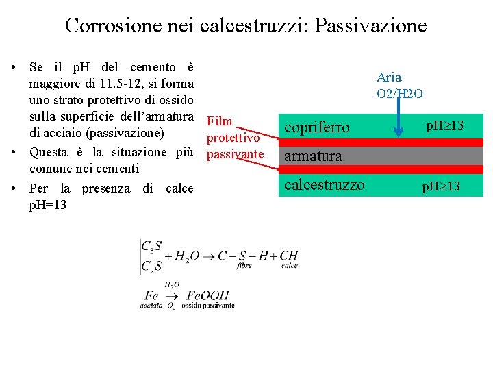 Corrosione nei calcestruzzi: Passivazione • Se il p. H del cemento è maggiore di