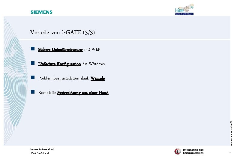 Vorteile von I-GATE (3/3) n Sichere Datenübertragung mit WEP n Einfachste Konfiguration für Windows
