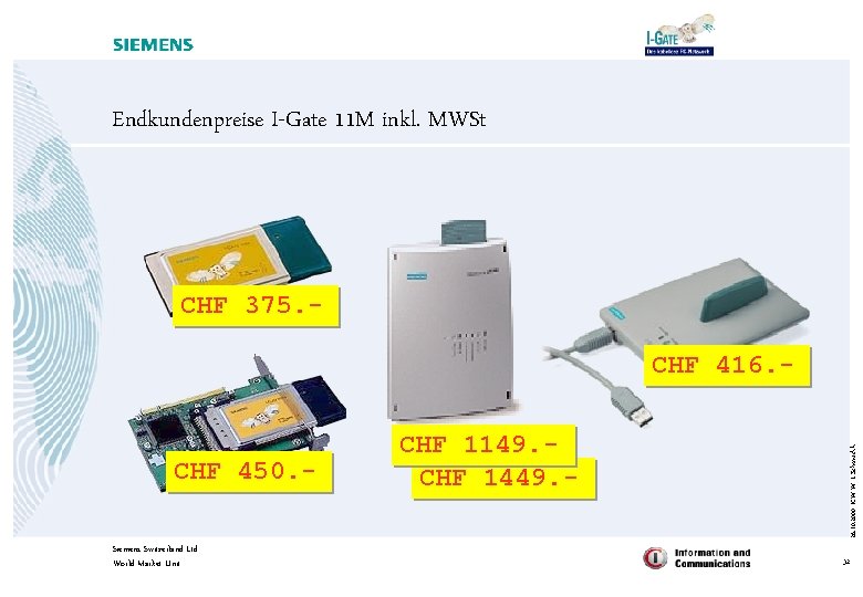 Endkundenpreise I-Gate 11 M inkl. MWSt CHF 375. - CHF 450. Siemens Switzerland Ltd