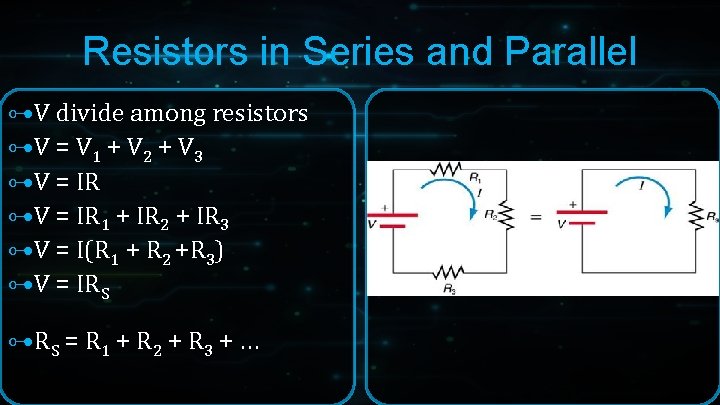 Resistors in Series and Parallel ⊶V divide among resistors ⊶V = V 1 + Resistors in Series and Parallel ⊶V divide among resistors ⊶V = V 1 +