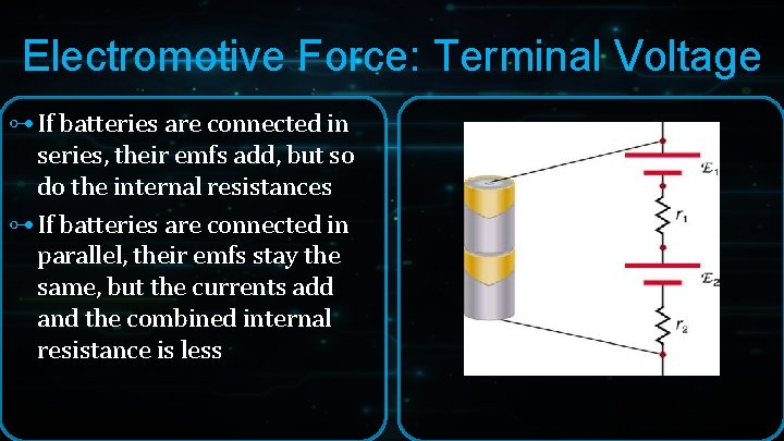 Electromotive Force: Terminal Voltage ⊶ If batteries are connected in series, their emfs add, Electromotive Force: Terminal Voltage ⊶ If batteries are connected in series, their emfs add,