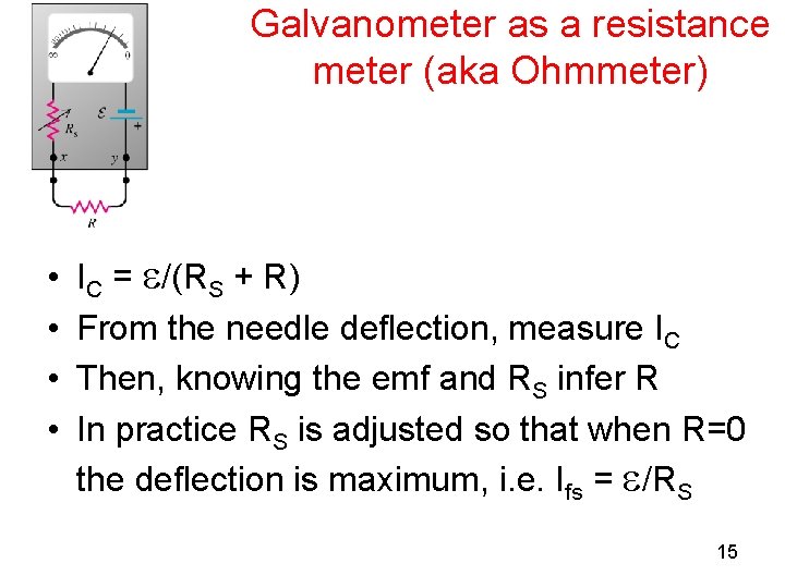 Galvanometer as a resistance meter (aka Ohmmeter) • • IC = /(RS + R)