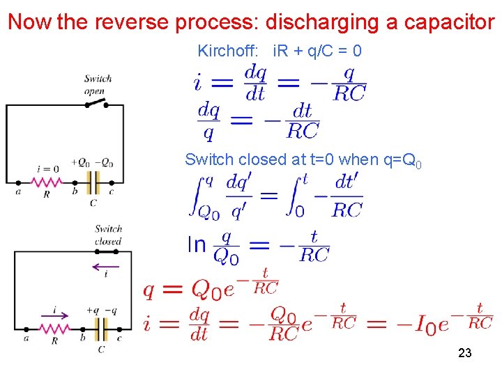 Now the reverse process: discharging a capacitor Kirchoff: i. R + q/C = 0