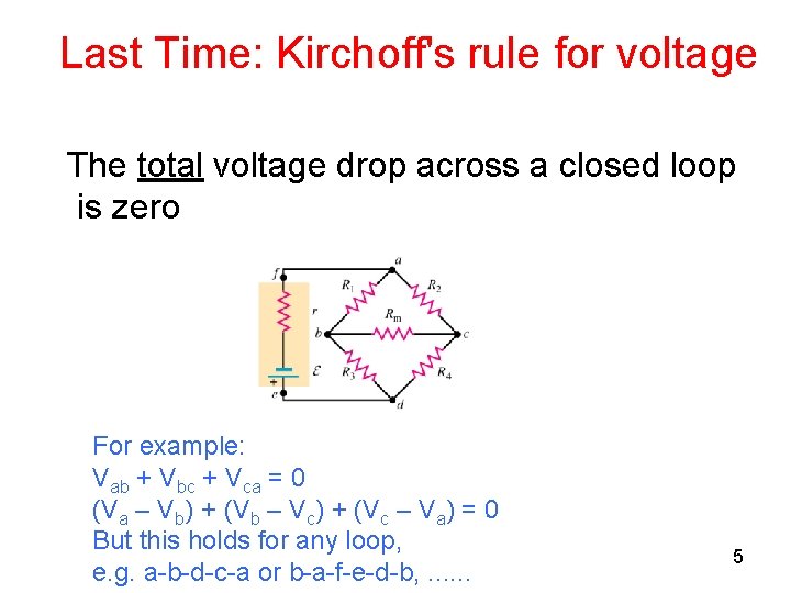 Last Time: Kirchoff's rule for voltage The total voltage drop across a closed loop
