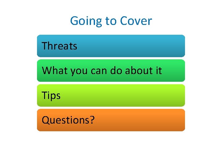 Going to Cover Threats What you can do about it Tips Questions? 