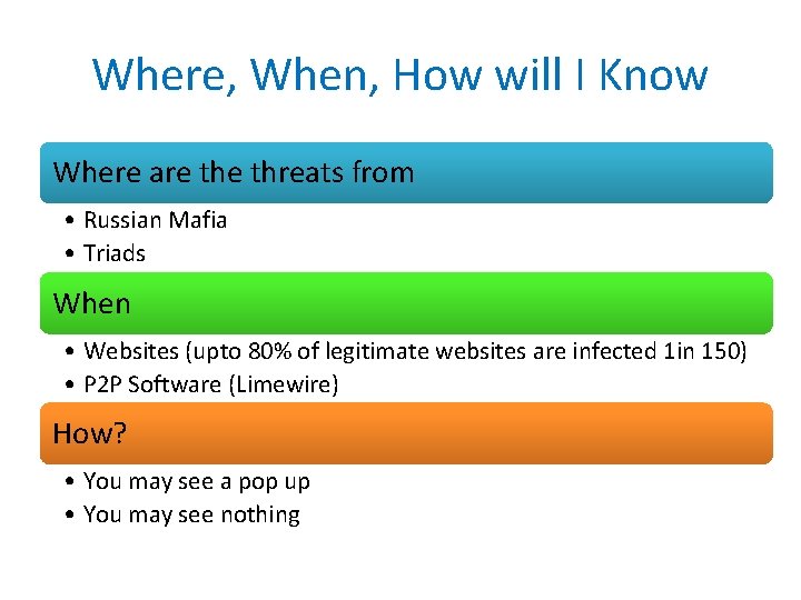 Where, When, How will I Know Where are threats from • Russian Mafia •